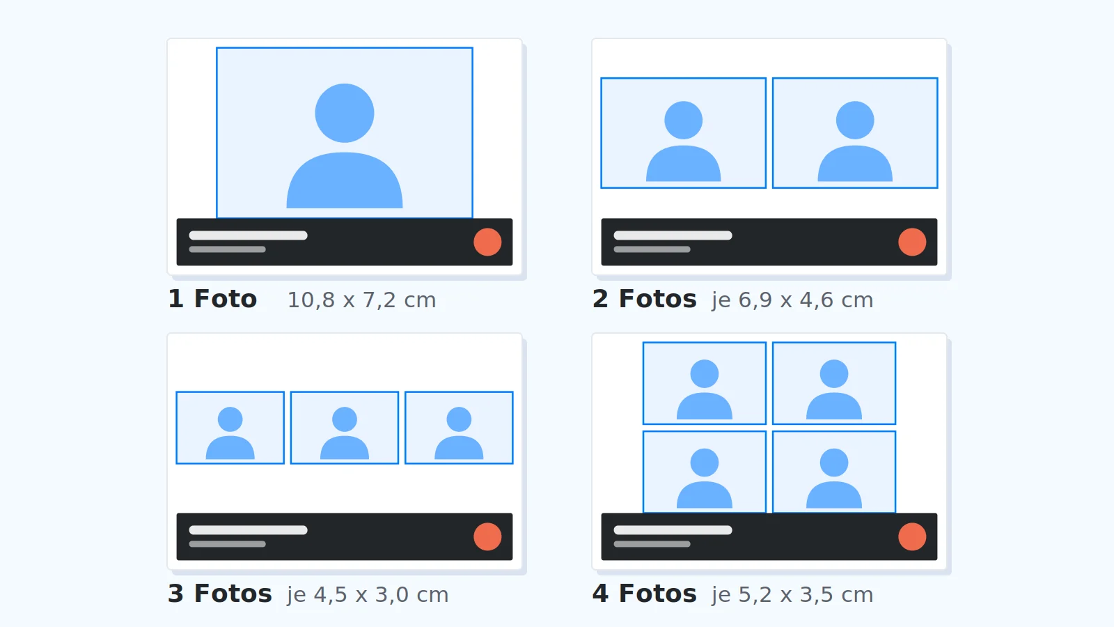 Fotobox Layout mit 1, 2, 3 oder 4 Fotos im Vergleich, mit Bildgröße je Foto auf dem 15 x 10 cm Ausdruck