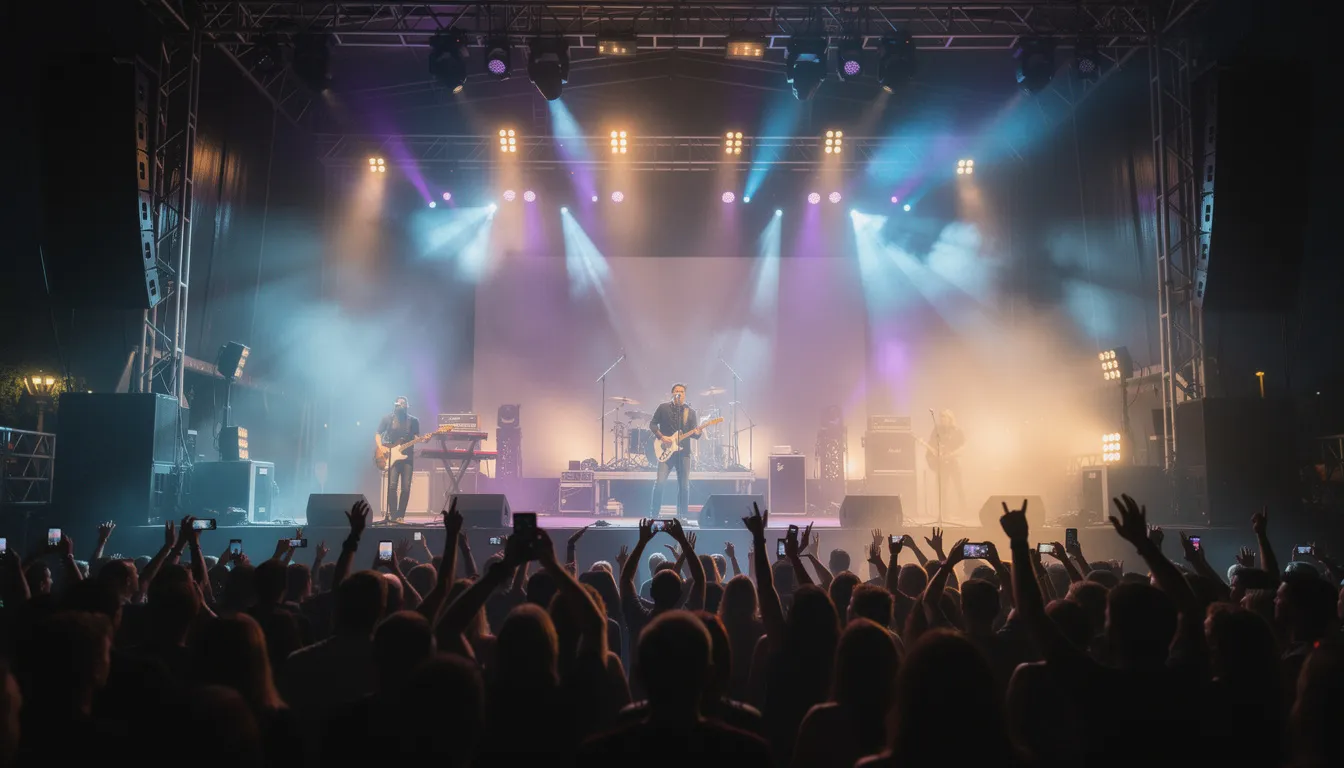 Auf der Konzertbühne sind mehrere Musiker zu sehen, die live Musik darbieten, während das Publikum begeistert applaudiert. Die Veranstaltung findet in einer festlichen Atmosphäre statt, umrahmt von Lichtern und einer lebhaften Stimmung.