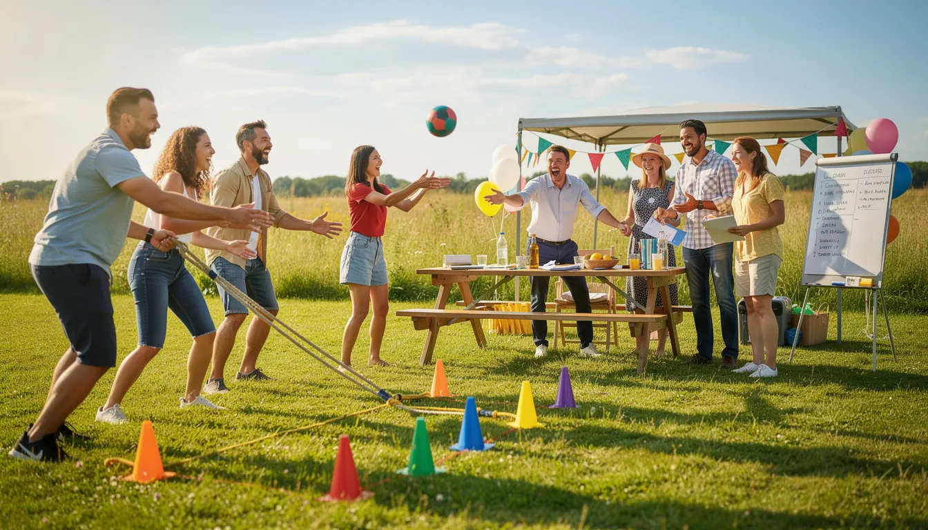 Auf einer sonnigen Wiese spielen mehrere Menschen fröhlich Teamspiele, während sie Ideen für ein bevorstehendes Sommerfest planen. Die entspannte Atmosphäre und der Teamgeist fördern den Zusammenhalt der Mitarbeitenden und schaffen unvergessliche Erinnerungen an dieses Teamevent.