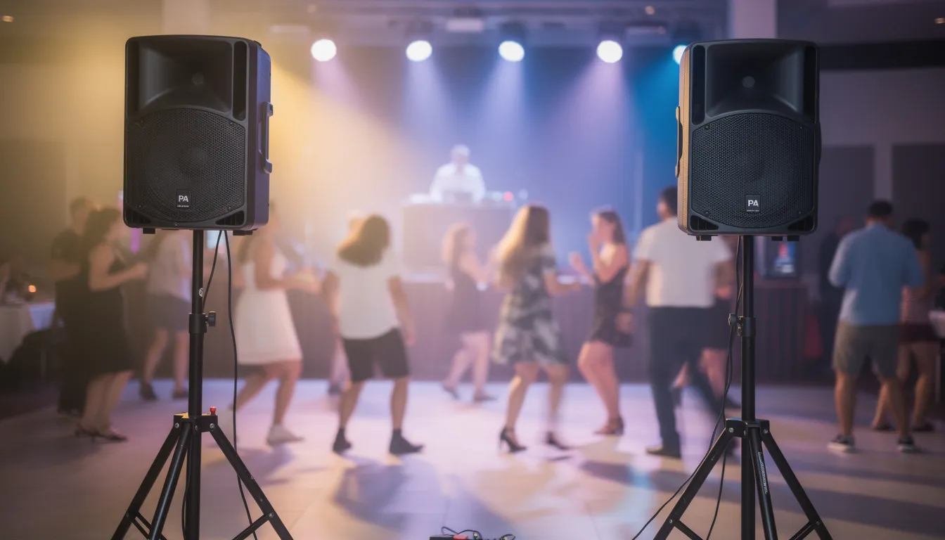 Zwei Lautsprecher auf Stativen stehen im Vordergrund, während im Hintergrund Gäste fröhlich zu Musik tanzen und eine ausgelassene Stimmung bei der Geburtstagsfeier herrscht. Die Szene vermittelt ein Gefühl von Spaß und Feierlichkeit, ideal für ein besonderes Ereignis mit Freunden und Familie.