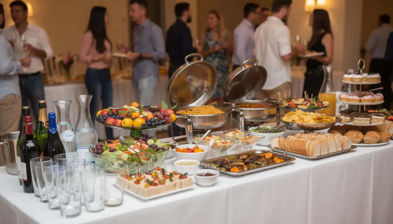 Ein festlich gedeckter Buffettisch mit einer Vielzahl von Getränken und köstlichen Speisen, ideal für eine Geburtstagsfeier. Auf dem Tisch sind bunte Salate, eine große Geburtstagstorte und verschiedene Snacks angerichtet, die für Spaß und Genuss bei den Gästen sorgen.