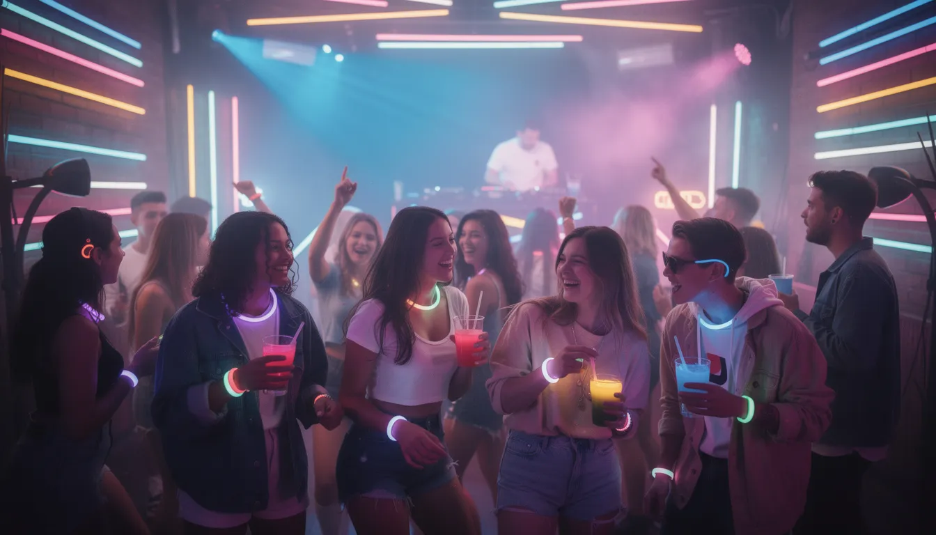 Eine Gruppe junger Menschen feiert eine lebhafte Geburtstagsfeier mit Neonlichtern und bunter Beleuchtung. Die Atmosphäre ist festlich und einladend, während die Gäste mit Freunden Spaß haben und das besondere Ereignis genießen.