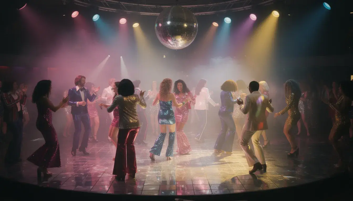 Das Bild zeigt ein lebhaftes Retro-Disco-Setting mit einer funkelnden Spiegelkugel, unter der sich tanzende Menschen in bunten Outfits versammeln. Diese Atmosphäre eignet sich perfekt für eine Geburtstagsfeier oder Motto-Party, die Spaß und Freude für Erwachsene und Freunde verspricht.