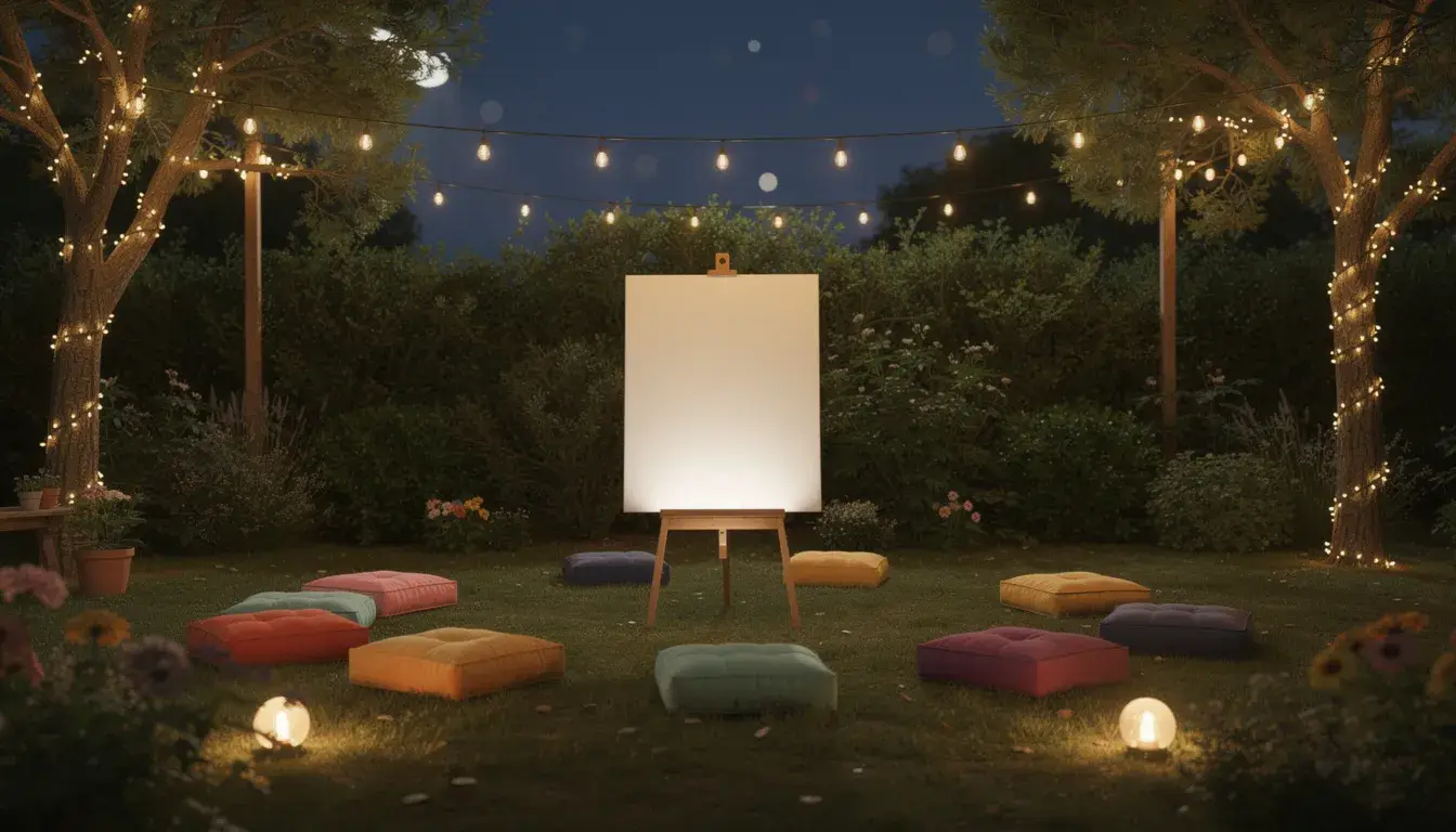 Ein romantischer Garten bei Nacht, beleuchtet von strahlenden Lichterketten, bietet eine einladende Atmosphäre mit einer Leinwand und bunten Sitzkissen, perfekt für eine Geburtstagsfeier oder ein gemütliches Treffen mit Freunden. Diese stimmungsvolle Kulisse eignet sich hervorragend für eine Motto-Party oder entspannte Outdoor-Aktivitäten.