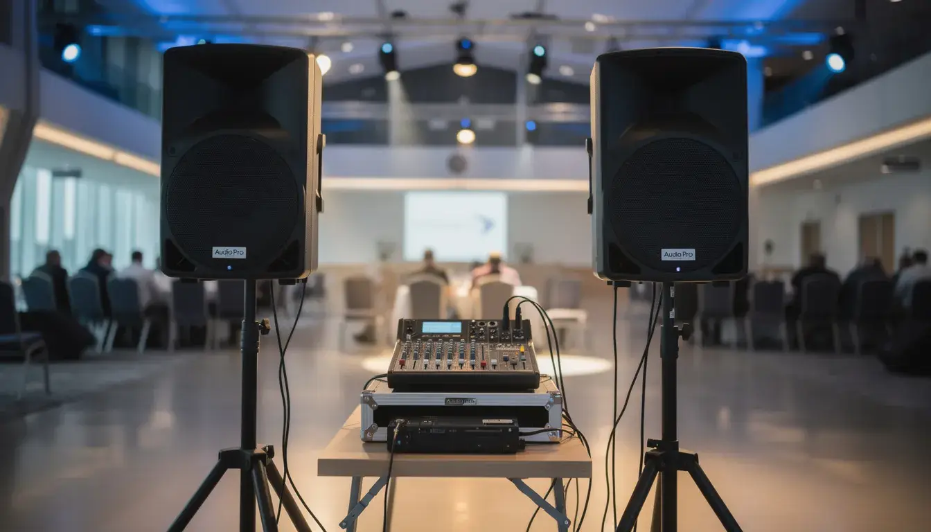 Die professionelle PA-Anlage mit zwei Lautsprechern auf Stativen sorgt für die perfekte musikalische Untermalung bei der Hochzeit und schafft eine festliche Atmosphäre für die Hochzeitsgäste. Sie ist ein zentraler Bestandteil des Hochzeitsprogramms und trägt zur Unterhaltung während der Feier bei.