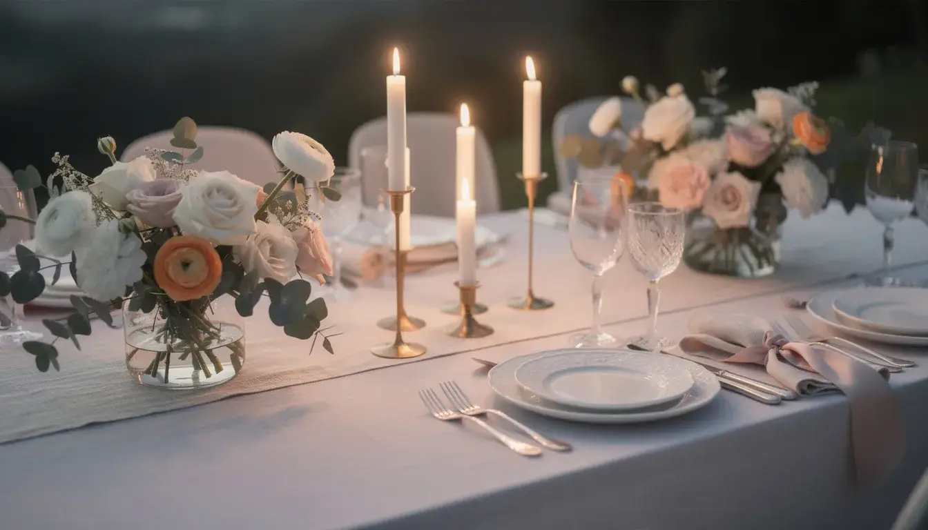 Die elegante Tischdekoration zeigt eine harmonische Anordnung von Kerzen und frischen Blumen in sanften Farben, die eine romantische Atmosphäre für die Hochzeitsfeier schafft. Diese sorgfältige Planung und Organisation ist ein wichtiger Schritt in den Hochzeitsvorbereitungen, um den großen Tag unvergesslich zu machen.
