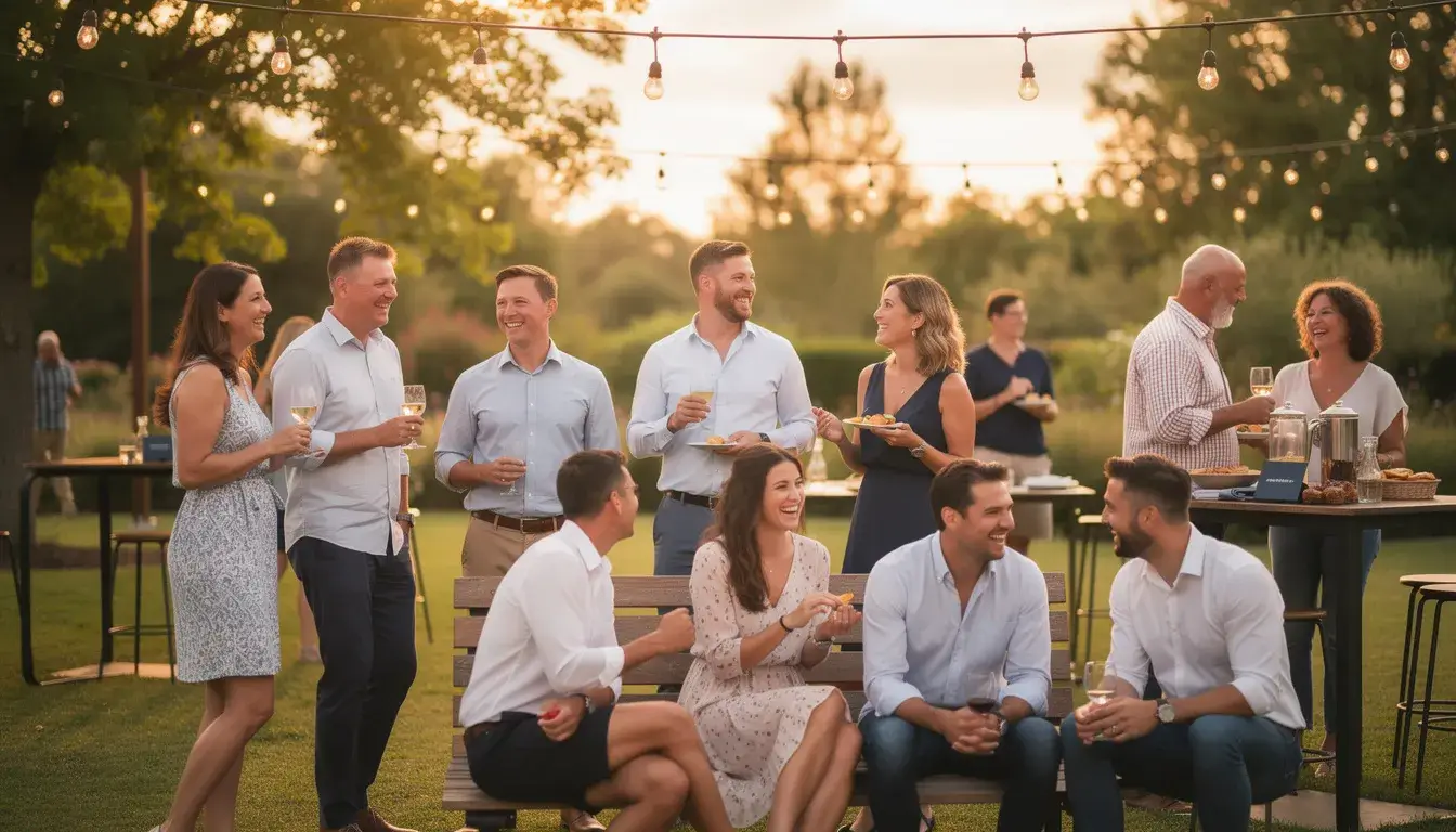 Eine Gruppe von Mitarbeitern genießt ein sommerliches Outdoor-Firmenfest, umgeben von Lichterketten, die eine entspannte Atmosphäre schaffen. Die Teilnehmer lachen und unterhalten sich, während sie verschiedene Aktivitäten und ein unterhaltsames Programm erleben.