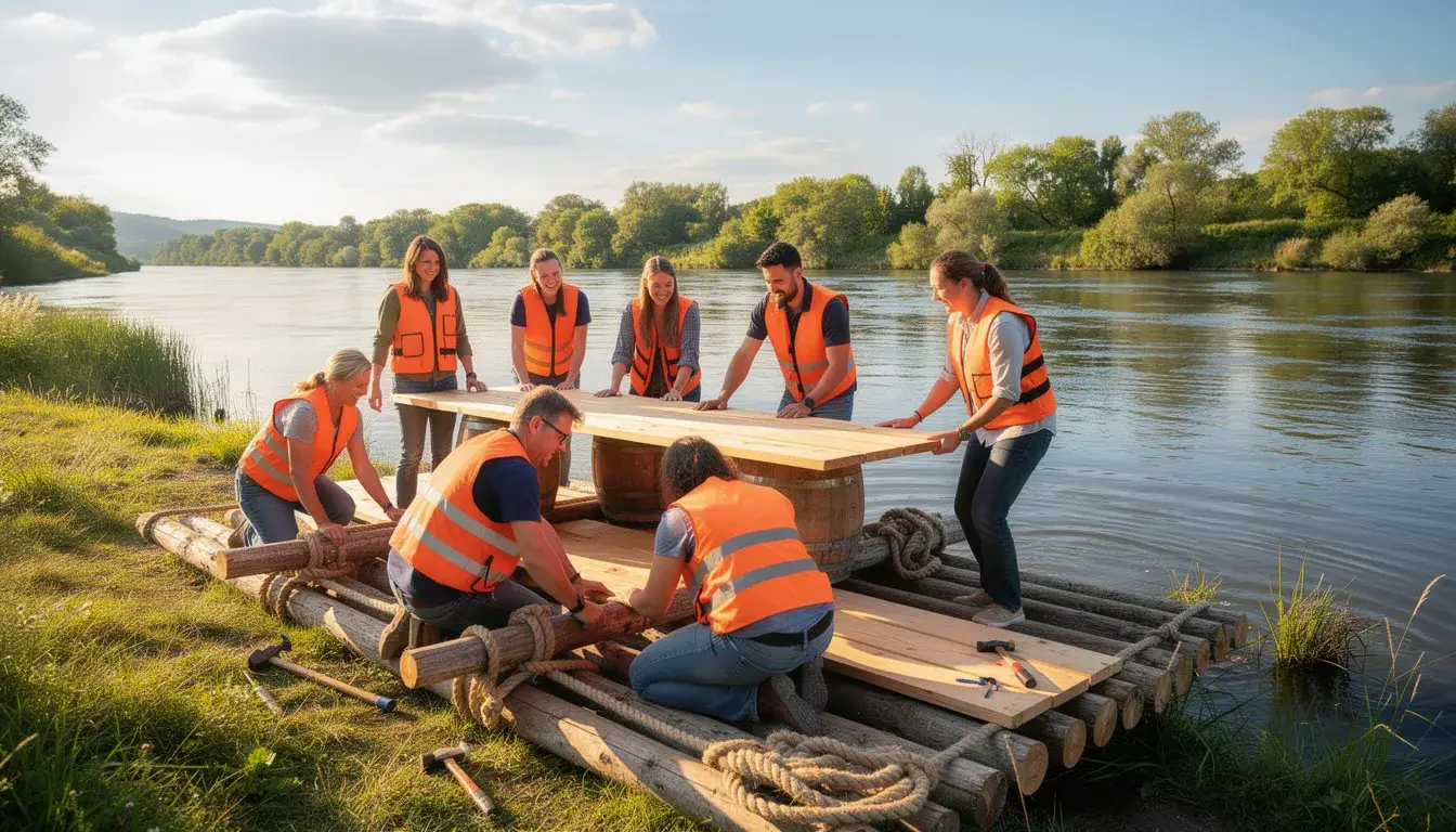 Eine Gruppe von Mitarbeitern arbeitet gemeinsam am Bau eines Floßes an einem sonnigen Flussufer, um Teamarbeit und Zusammenarbeit zu fördern. Die fröhliche Atmosphäre und die Motivation der Teilnehmer machen dieses Firmenevent zu einem unvergesslichen Erlebnis.