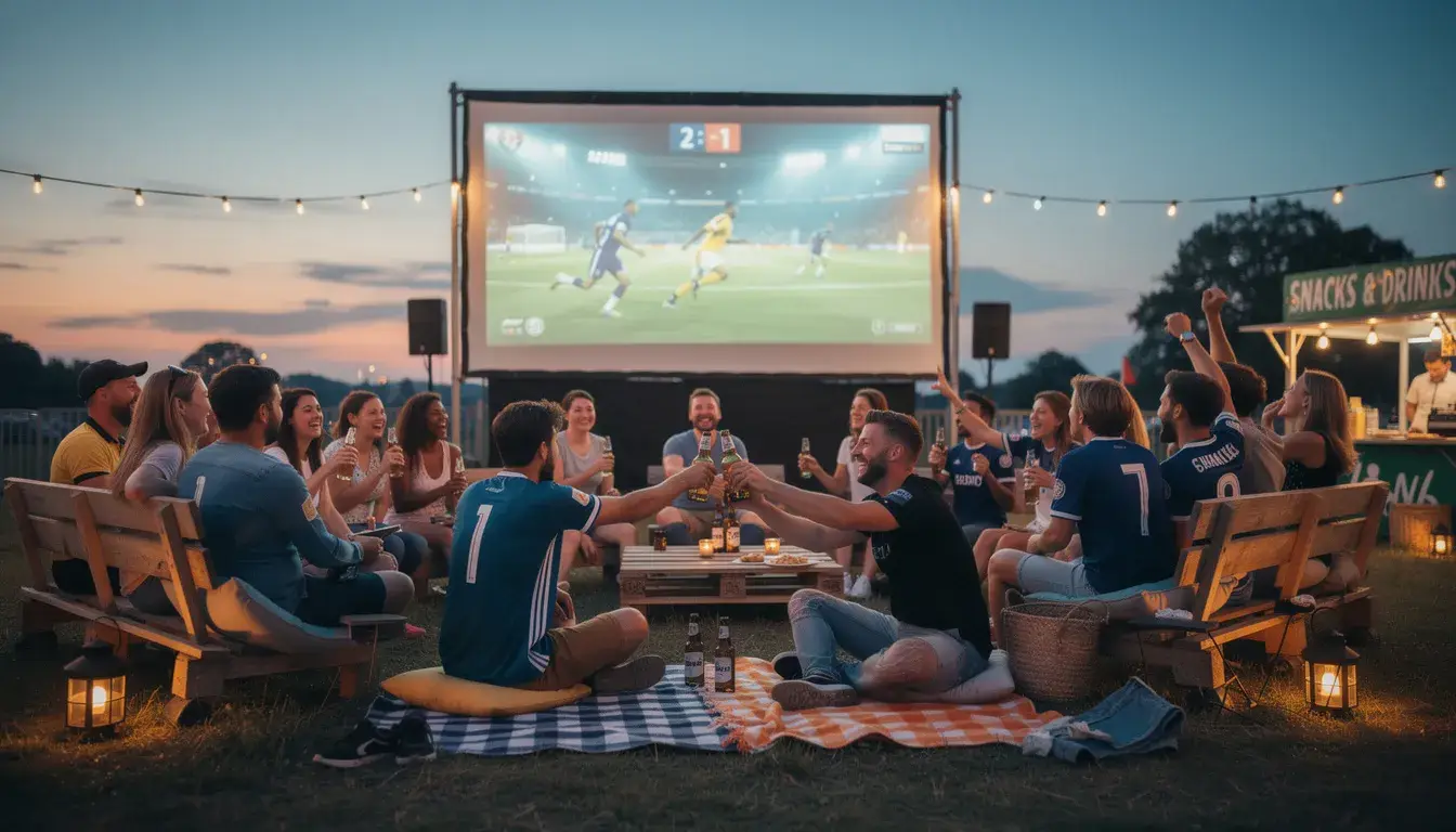Eine große Gruppe von Freunden sitzt entspannt auf Decken und Stühlen, während sie gemeinsam ein Fußballspiel auf einer großen Outdoor-Leinwand verfolgen. Die Atmosphäre ist lebhaft und festlich, passend zu einem Public Viewing Event während der Fußball-Weltmeisterschaft in der Abenddämmerung.