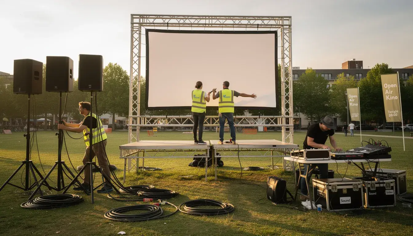 Auf dem Bild sind Menschen zu sehen, die Outdoor-Eventtechnik für eine public viewing Veranstaltung aufbauen. Sie montieren eine große Leinwand und Lautsprecher, um die Atmosphäre für die bevorstehenden Fußball Weltmeisterschaft Spiele zu schaffen.