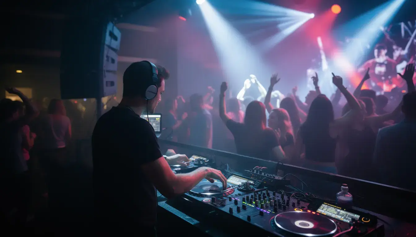 Ein DJ steht an einem Mischpult in einem Club, während im Hintergrund zahlreiche Menschen zu pulsierender Musik tanzen. Die Atmosphäre ist lebhaft und voller Energie, typisch für eine Veranstaltung mit Live-Musik und ausgelassener Stimmung.