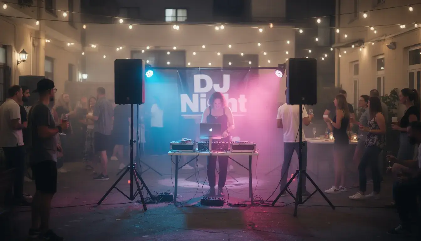 Das Bild zeigt ein kleines Event mit einem DJ, der an einem Tisch steht, umgeben von Lautsprechern. Es sind bunte Lichter zu sehen, die eine festliche Atmosphäre schaffen, während die Teilnehmenden fröhlich tanzen und feiern.