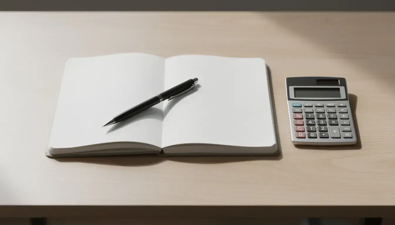 Auf einem Schreibtisch liegen ein Notizbuch, ein Stift und ein Taschenrechner, die zusammen eine praktische Ausstattung für die Eventplanung darstellen. Diese Utensilien sind ideal für die Organisation von Veranstaltungen und die Erstellung von Checklisten für den Ablauf und die Durchführung von Events.