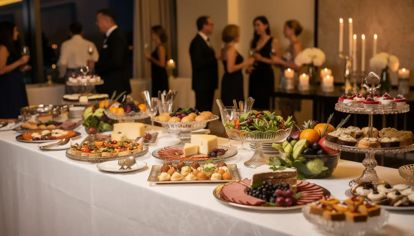 Das Bild zeigt ein elegantes Buffet bei einer Abendveranstaltung, das mit einer Vielzahl von köstlichen Speisen dekoriert ist. Die ansprechend angerichteten Gerichte laden die Teilnehmenden ein, sich bei der Veranstaltung zu bedienen und die kulinarischen Köstlichkeiten zu genießen.