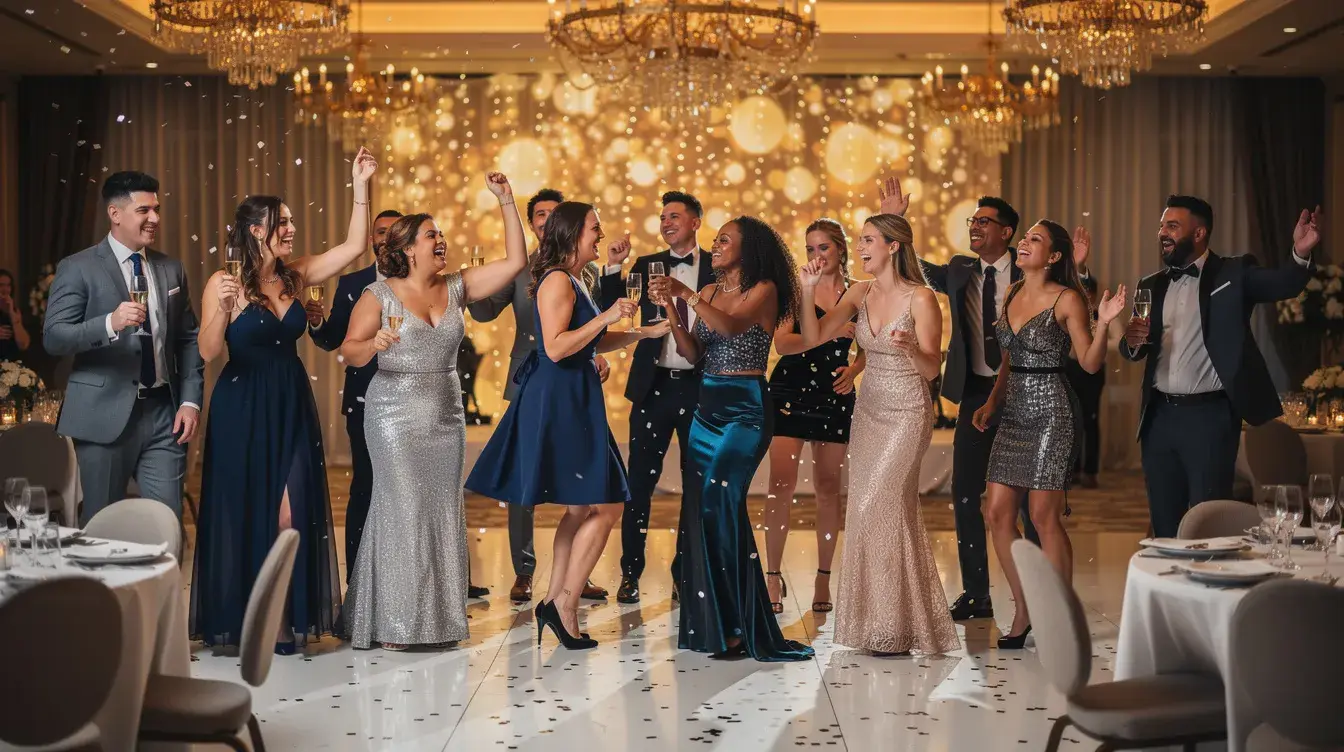Eine Gruppe junger Menschen in formeller Kleidung tanzt und feiert fröhlich in einem eleganten Veranstaltungsort, um ihren Abschluss zu feiern. Die Atmosphäre ist festlich und voller Vorfreude auf die bevorstehenden Momente der Abifeier.