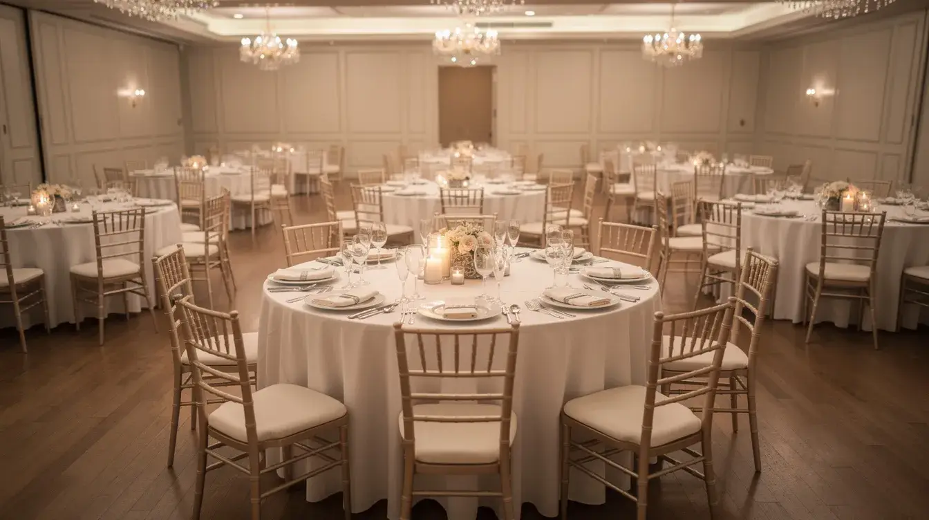 Der leere, elegante Veranstaltungsraum ist mit runden Tischen und weißen Tischdecken für eine formelle Feier ausgestattet. Diese Umgebung bietet eine stilvolle Kulisse für den Abiball und spiegelt die Vorfreude auf den Abschluss und die Organisation des Events wider.