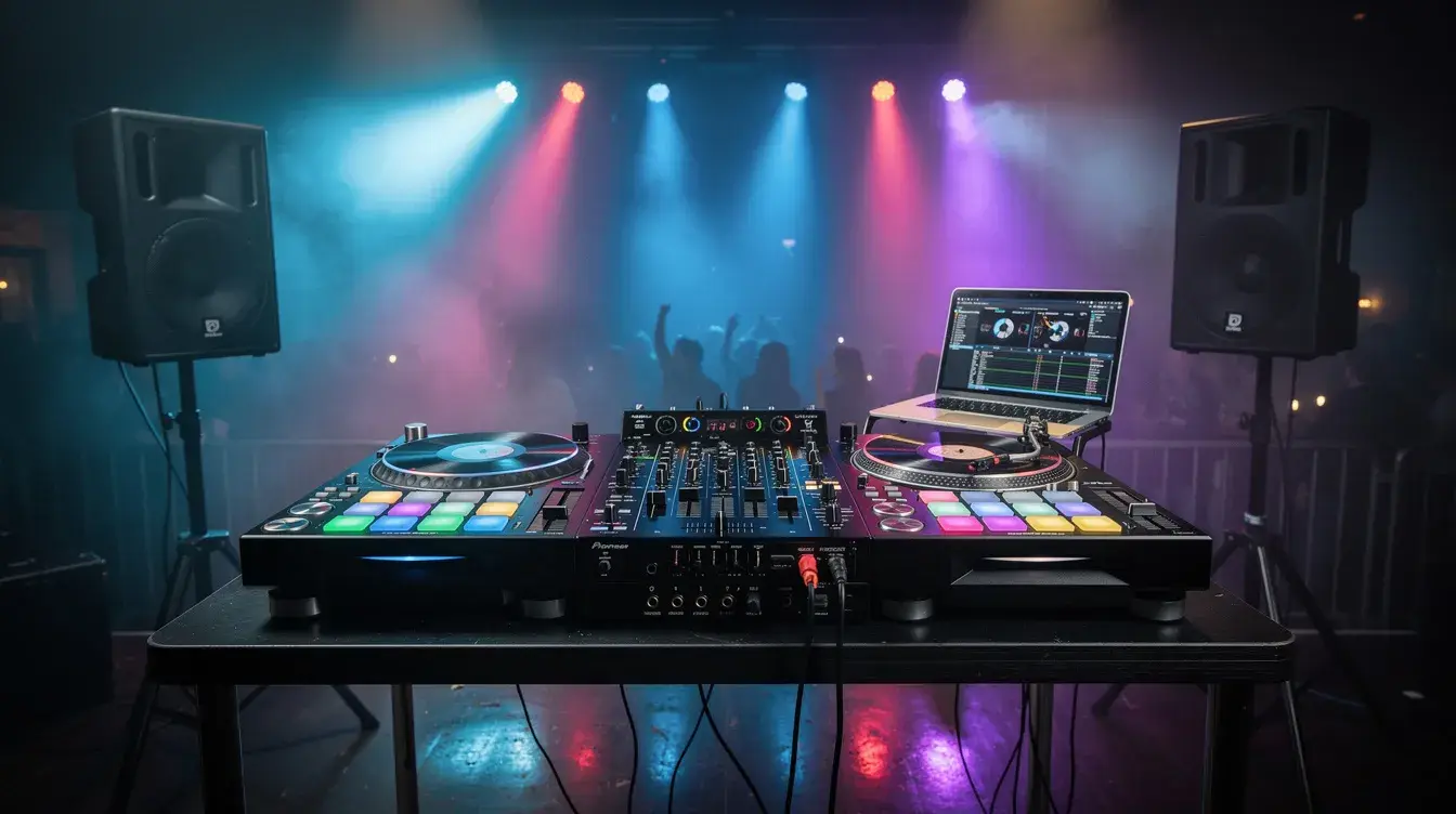 Das Bild zeigt professionelle DJ-Ausrüstung mit großen Lautsprechern und bunten Bühnenlichtern in einem dunklen Veranstaltungsort, ideal für eine Abiparty oder Abschlussfeier. Die lebendige Beleuchtung schafft eine festliche Atmosphäre, die die Vorfreude auf den Abiball unterstreicht.