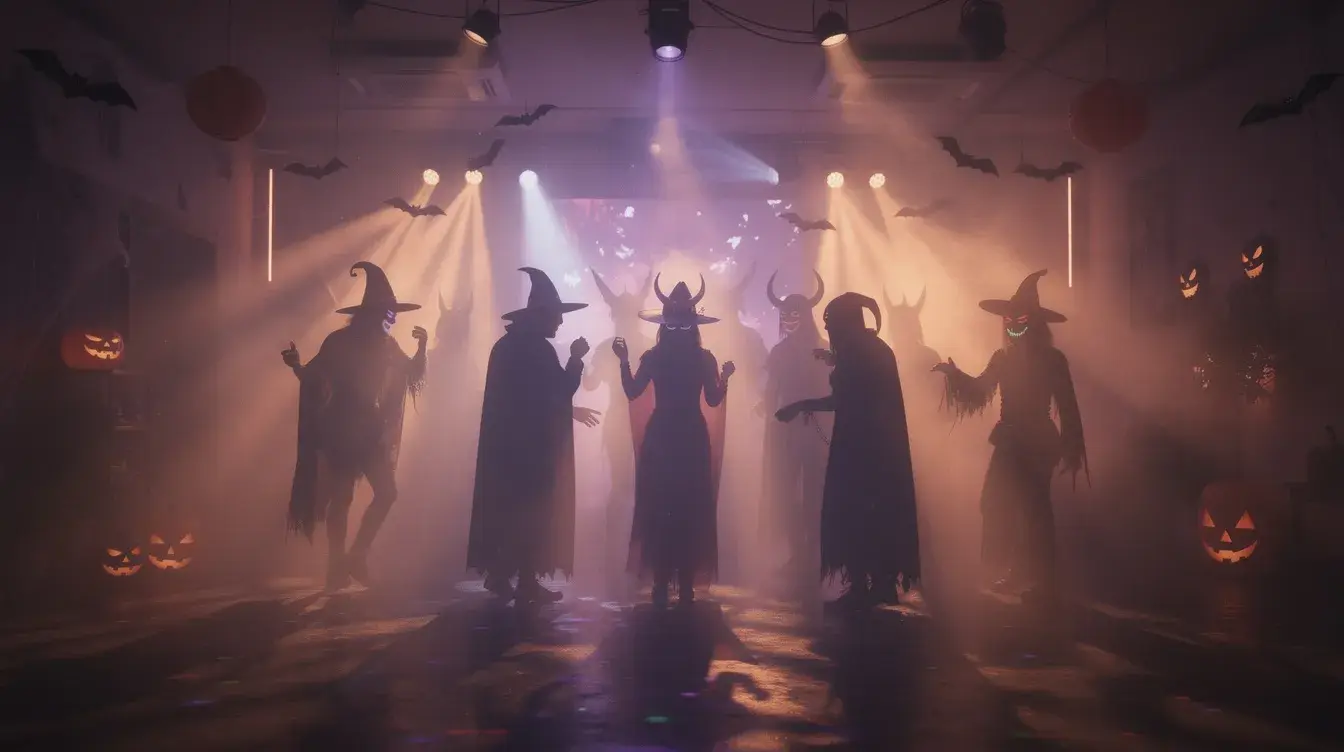 Eine stimmungsvolle Halloweenparty-Szene mit lila und orangefarbenem Nebel, LED-Lichtern, die gespenstische Schatten werfen, und Silhouetten von kostümierten Gästen, die tanzen. Die Atmosphäre ist voller Gruselspaß und lädt zum Feiern ein.