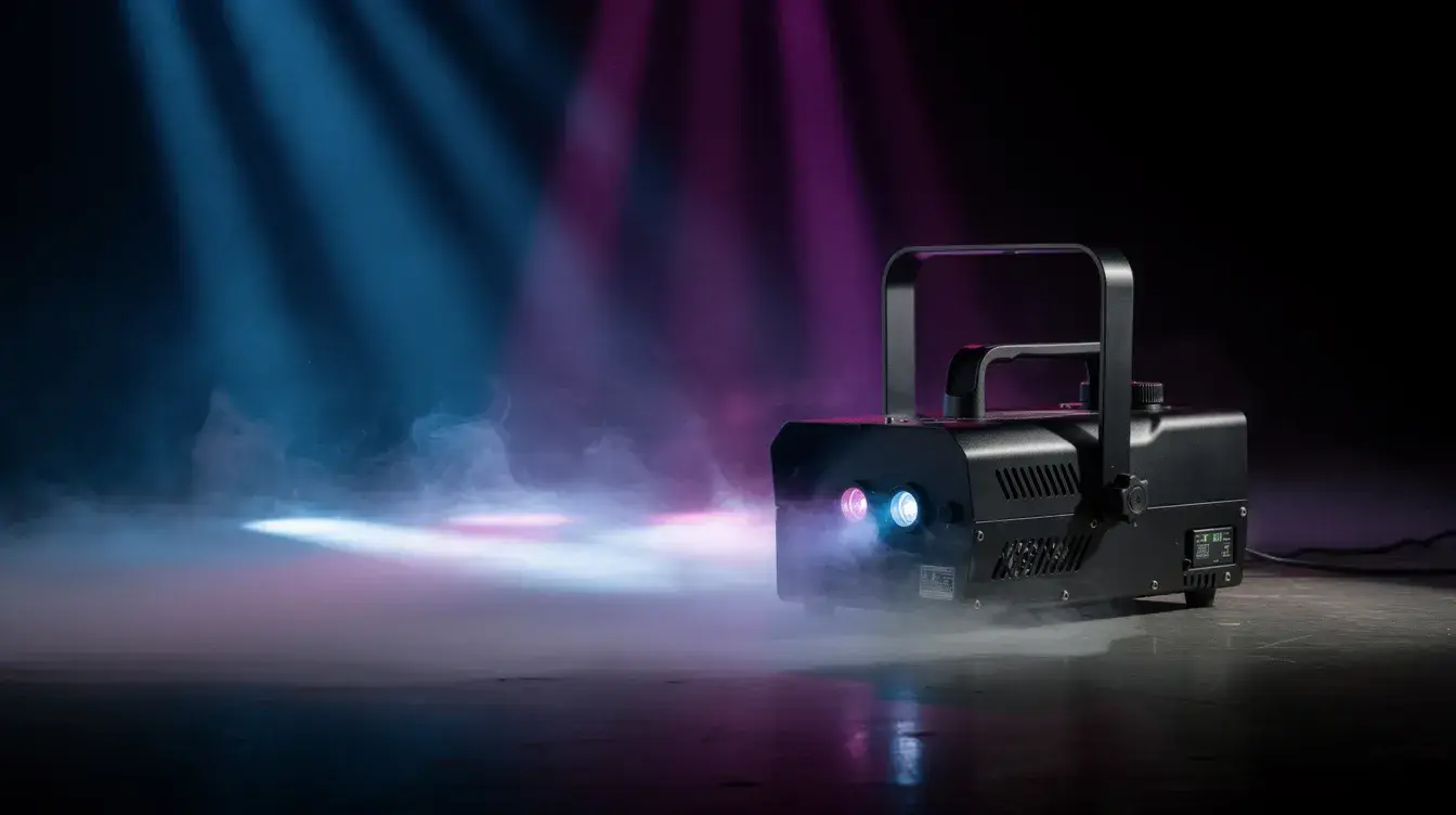 Ein professioneller Nebelmaschine erzeugt bodennahen Nebel, während farbige LED-Lichter durch den Dunst scheinen und eine geheimnisvolle Atmosphäre für eine Halloweenparty schaffen. Diese gruselige Deko sorgt für einen eindrucksvollen Effekt, der die Gäste in Stimmung für den Gruselspaß versetzt.