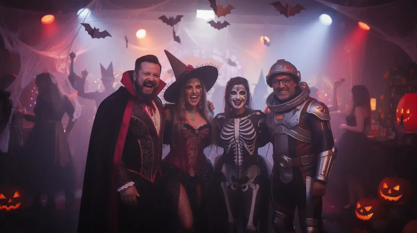 Eine Gruppe von Erwachsenen feiert eine Halloweenparty, umgeben von dramatischem lila und rotem Licht sowie Nebeleffekten. Die Gäste tragen aufwendige Kostüme und genießen die gruselige Atmosphäre des Festes.