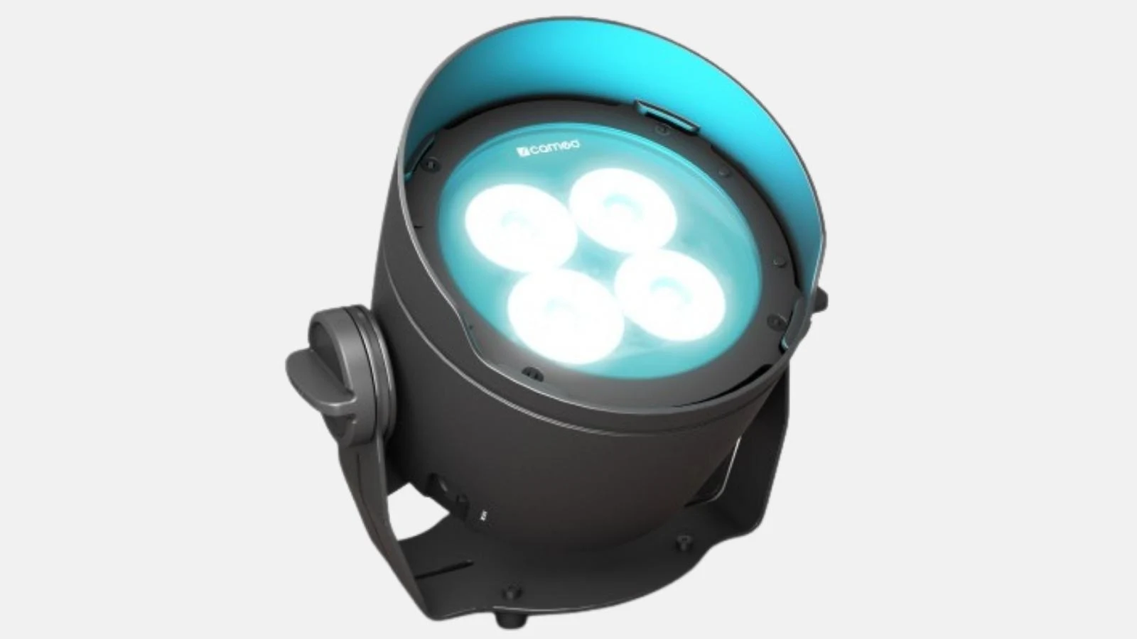 Cameo DROP B4 Akku-Uplight in Anthrazit mit vier leuchtenden LEDs und türkisem Schein vor weißem Hintergrund.