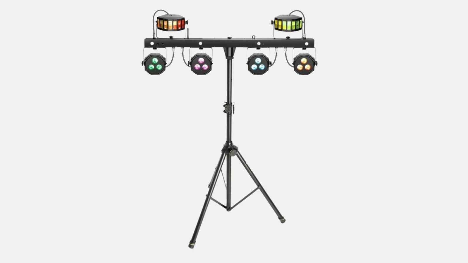 Cameo Multi FX Bar EZ Lichtbar mit vier PAR-Spots und zwei Derby-Effekten auf einem Stativ vor weißem Hintergrund.