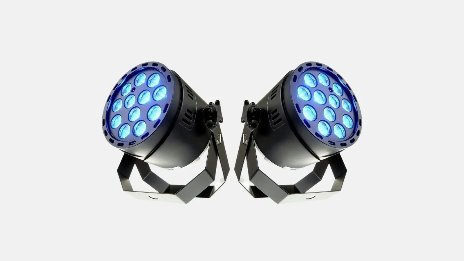 Ambientlichter Set mit zwei schwarzen Akku-LED-Strahlern mit blau leuchtenden LEDs, freigestellt.