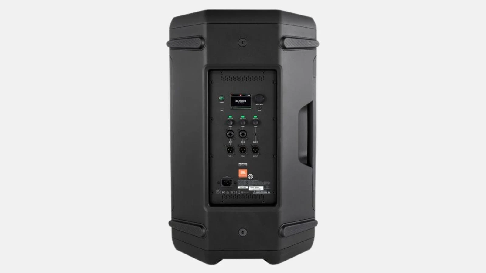 JBL PRX 912 Aktivlautsprecher in Schwarz mit Anschlussfeld in der Rückansicht vor grauem Hintergrund.