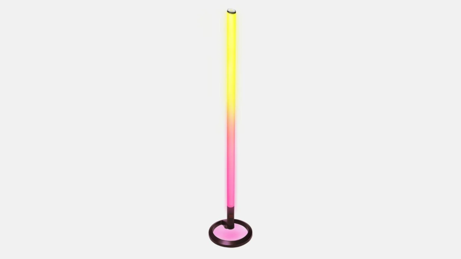 JBL PartyLight Stick Akku-Lichtröhre mit gelb-rosa Lichtverlauf auf rundem Standfuß vor weißem Hintergrund.