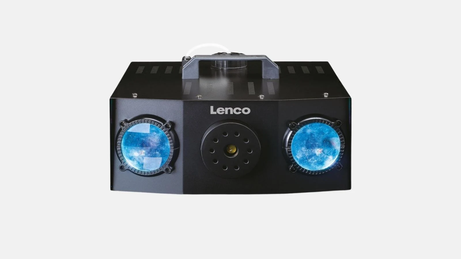 Lenco LFM-220 Nebelmaschine mit RGB-Lichteffekt in Schwarz in Frontansicht vor weißem Hintergrund.