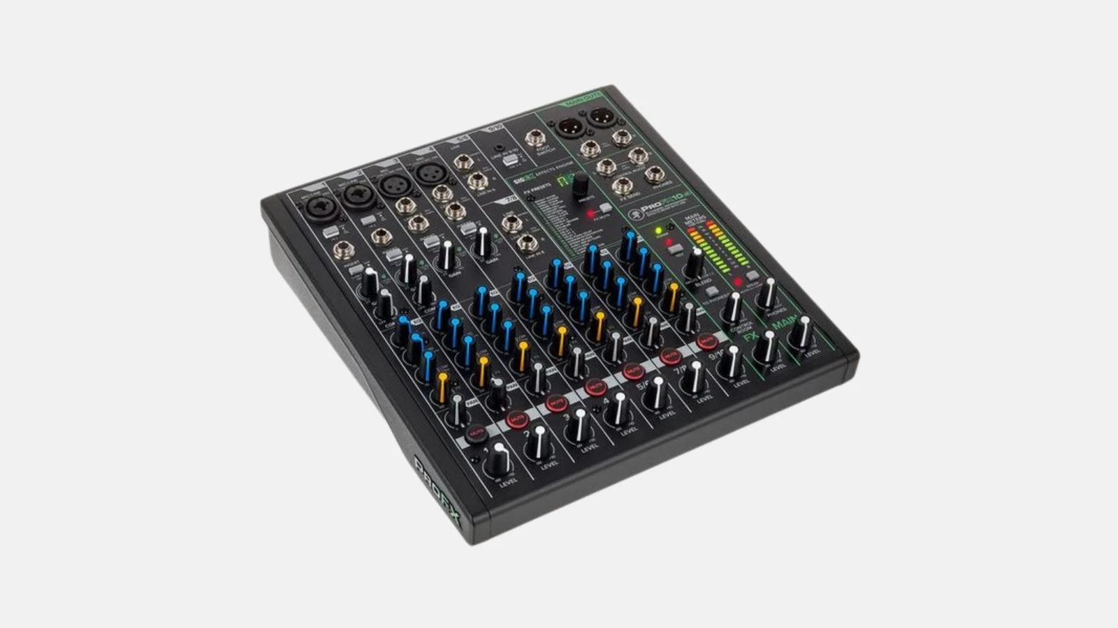 Mackie ProFX10v3 Mischpult in Schwarz mit Reglern und Fadern in schräger Ansicht vor weißem Hintergrund.