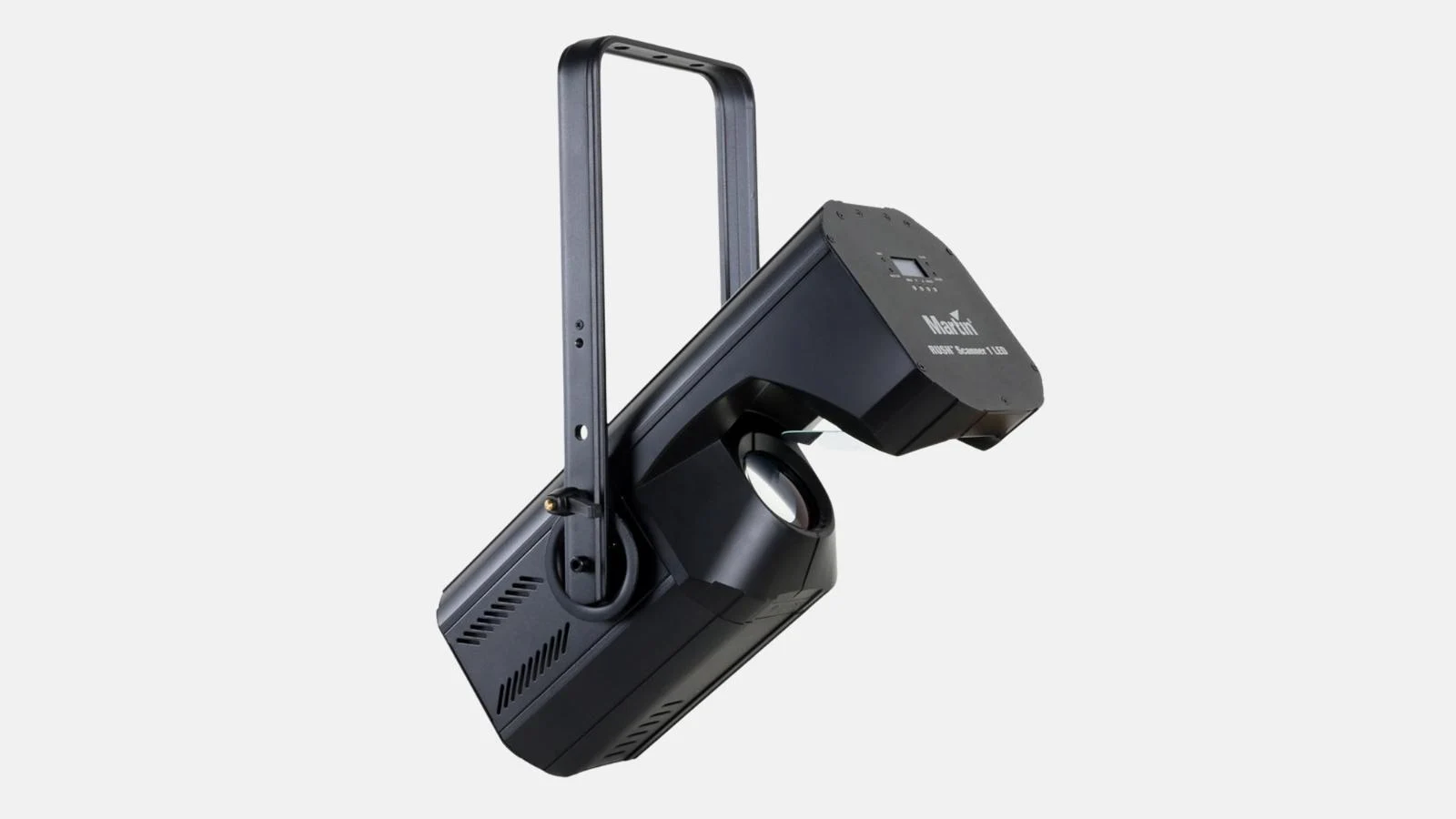 Martin Harman RUSH Scanner LED-Spiegel-Scanner in Schwarz mit Montagebügel vor weißem Hintergrund.