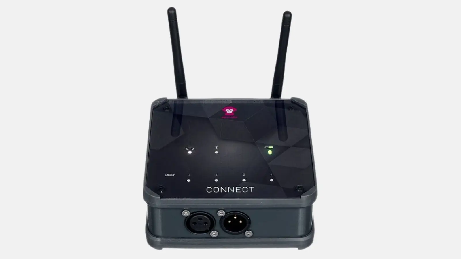 ApeLabs Connect Wireless-DMX-Controller mit zwei Antennen und Gruppentasten frontal vor grauem Hintergrund.