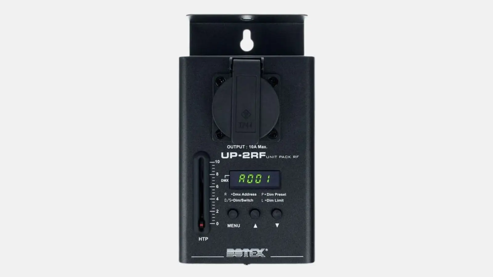 Botex Single Dimmer UP-2RF, DMX-Dimmer mit Display, Steckdose und Montagebügel in Frontansicht.