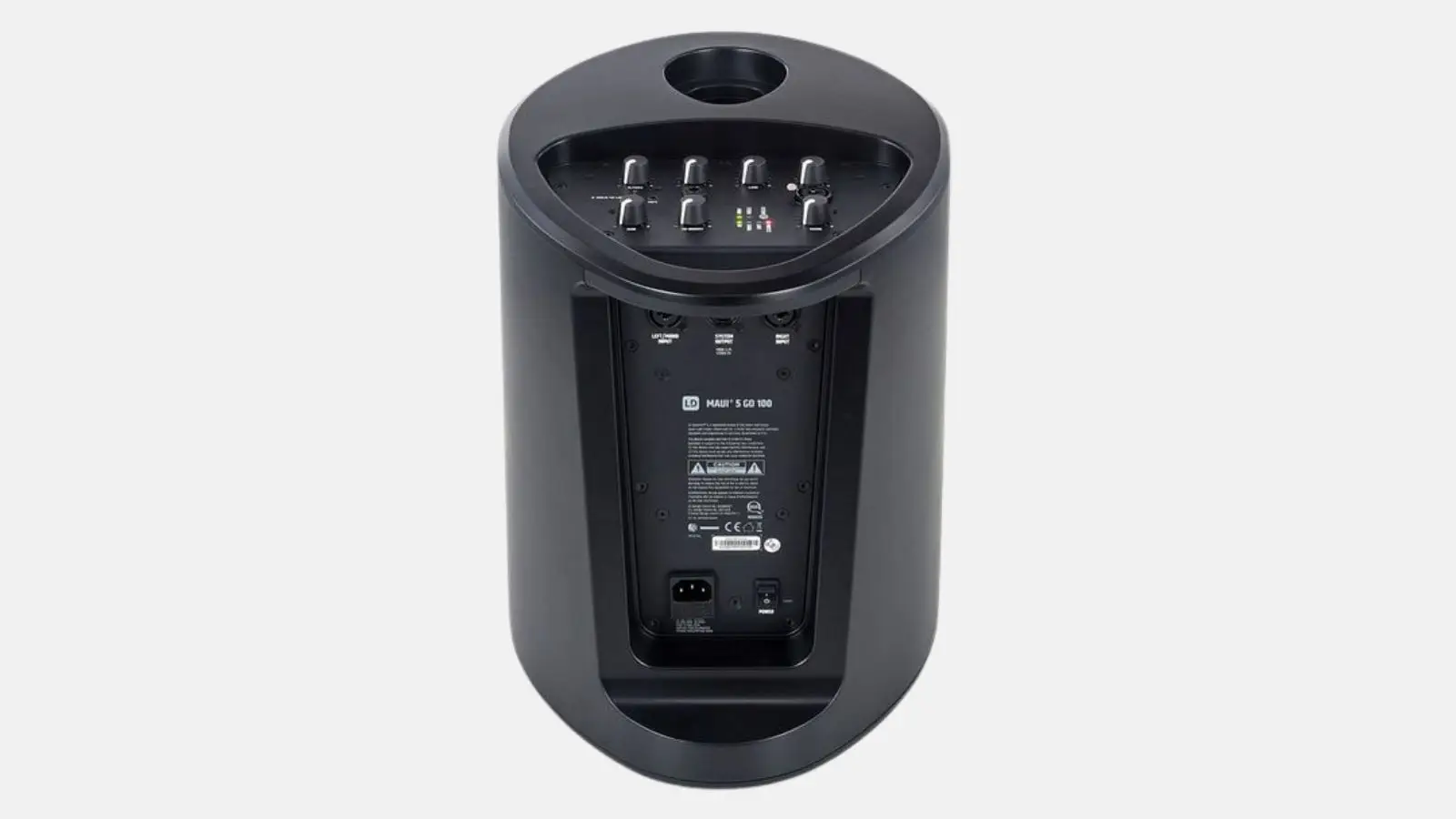 LD Systems Maui 5 Go Akku-Säulen-PA, Rückansicht der Basis mit Mixer und Anschlüssen in Schwarz.