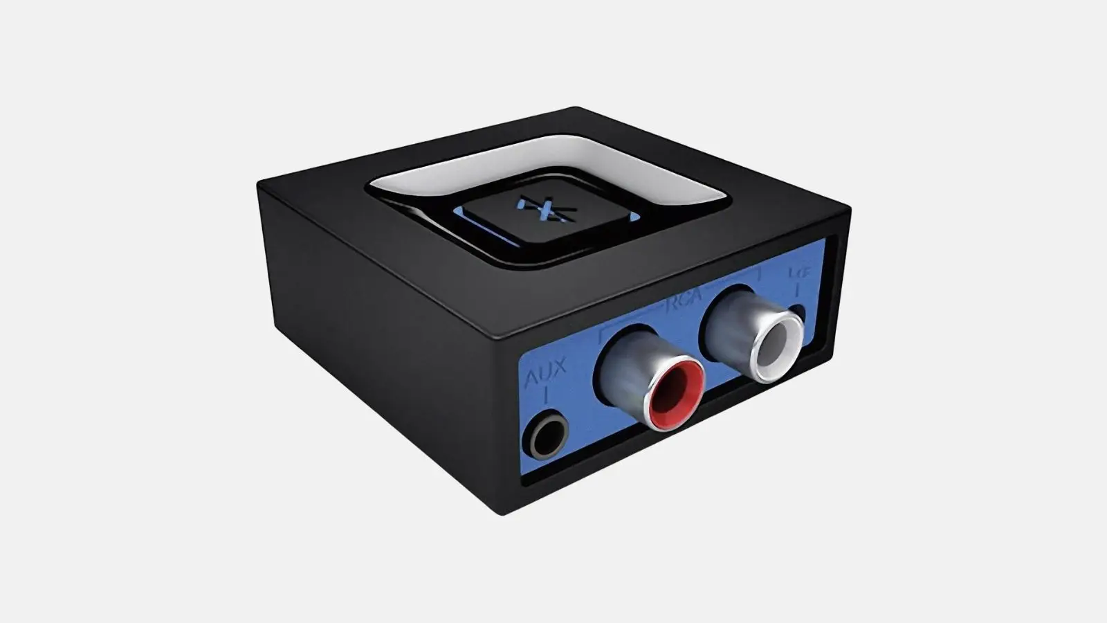 Bluetooth Audio Empfänger im Detail mit AUX-Klinke sowie roten und weißen Cinch-Anschlüssen.
