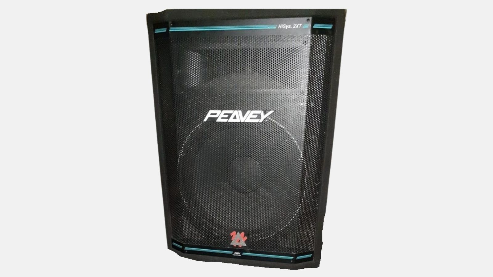 Schwarzer Peavey HISYS Passivlautsprecher mit 15-Zoll-Tieftöner und frontseitigem Peavey-Logo, schräg von vorne.