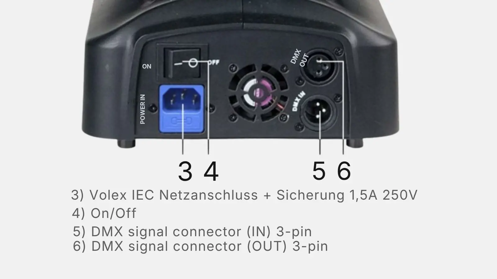 Anschlussfeld des Showtec Indigo 150 Moving-Heads mit Netzanschluss, Schalter und DMX-Anschlüssen in Schwarz.