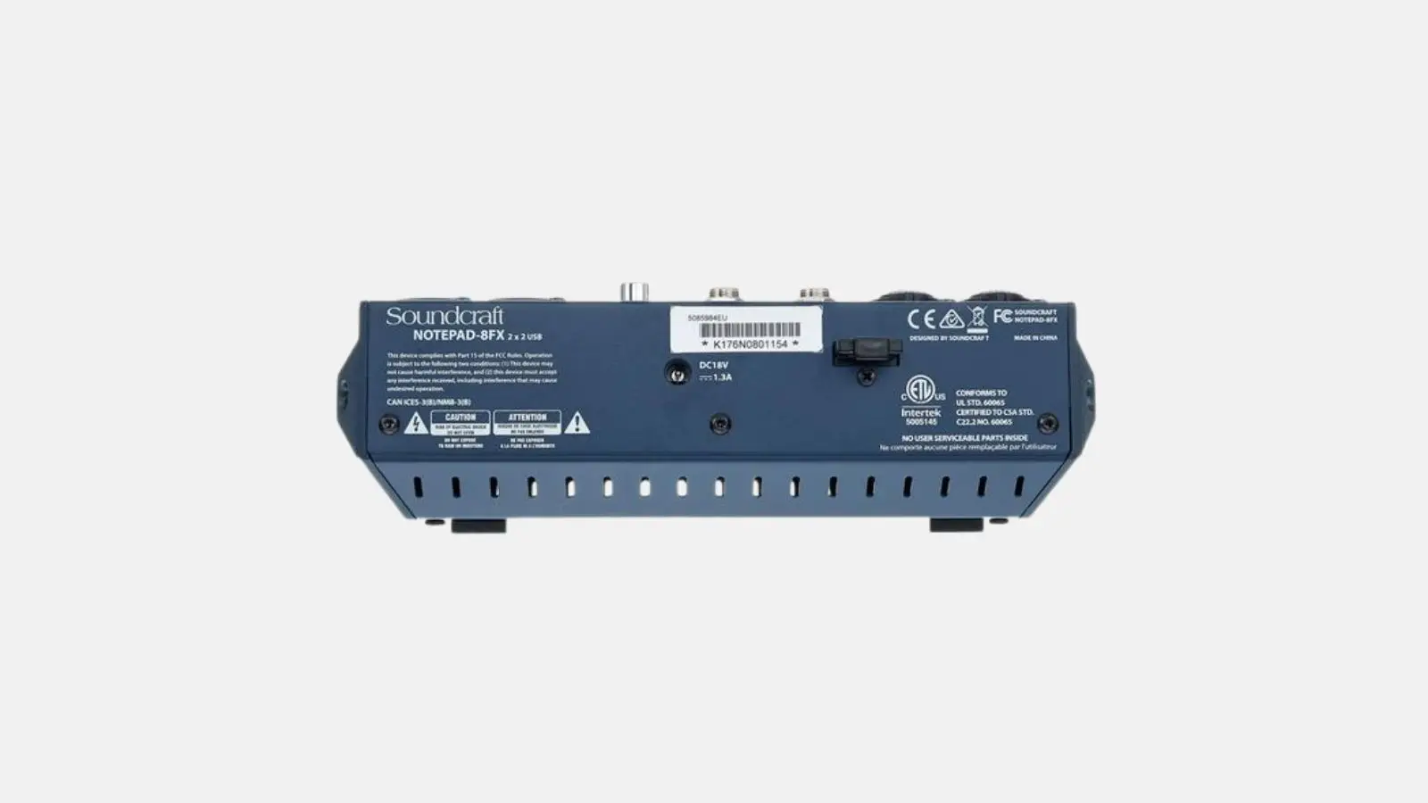 Soundcraft Notepad-8FX Mischpult Rückansicht mit Anschlüssen und Lüftungsschlitzen in Blau.