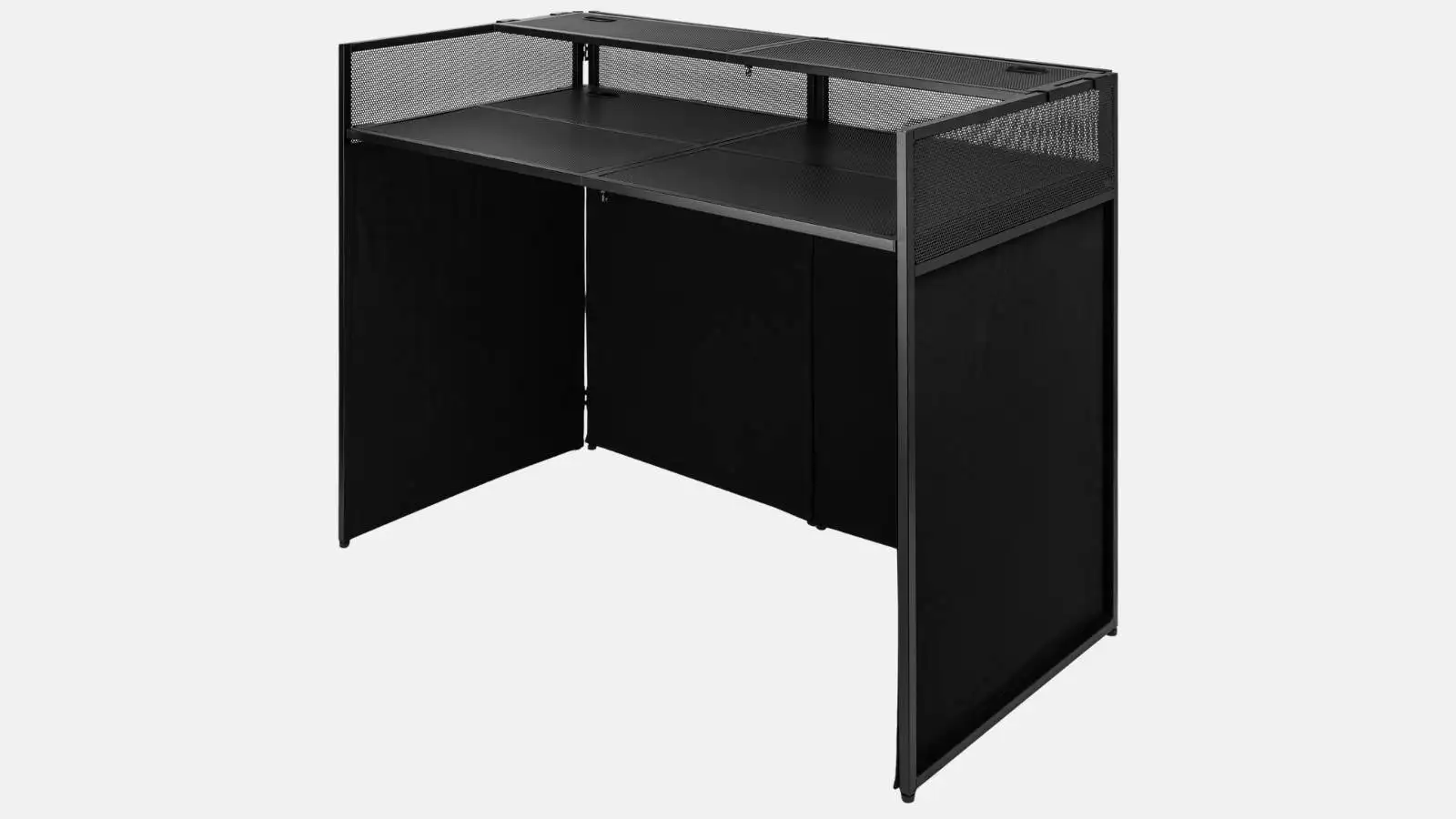 Vonyx DB6 mobiler DJ-Tisch in Schwarz mit Ablagefläche und faltbarem Gestell in schräger Ansicht vor weißem Hintergrund.