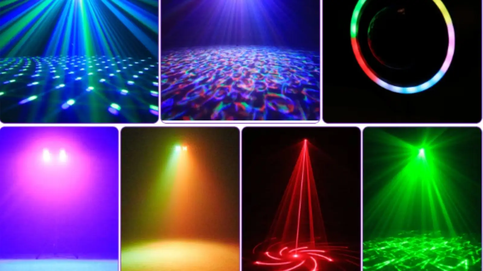 LED Lichteffekt Set, Collage der sieben DJ-Lichteffekte mit Magic Ball, Beam und farbigen Mustern.
