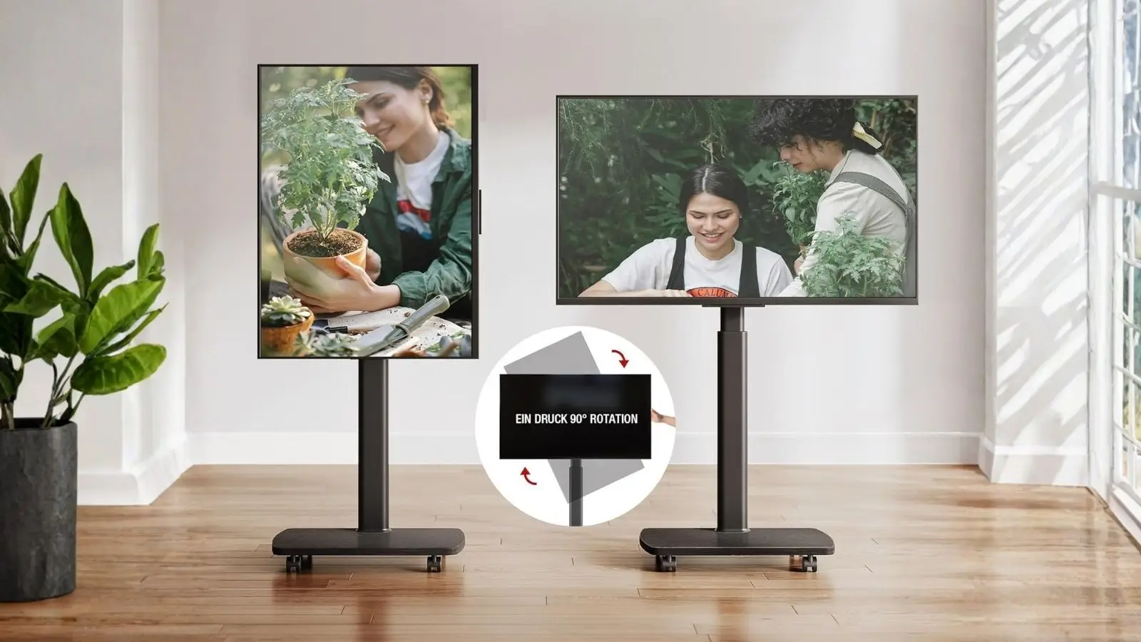 Hisense 50 Zoll Fernseher auf drehbaren Rollstativen im Hochformat und Querformat in einem Wohnraum.