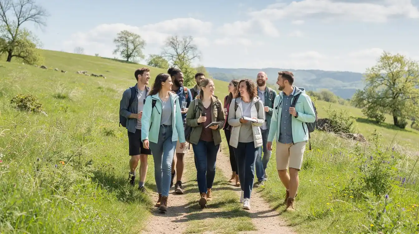Eine Gruppe von neun Personen wandert auf einem weichen, unbefestigten Weg durch eine üppig grüne Landschaft. Sie tragen lässige, wetterfeste Jacken und genießen die frische Luft. Hinter ihnen erstrecken sich sanfte Hügel und vereinzelte Bäume unter einem klaren, blauen Himmel.