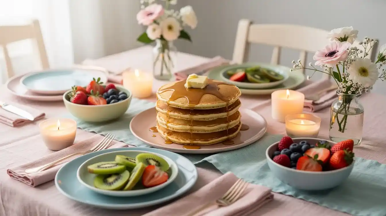 Ein liebevoll gedeckter Tisch, mit einem Stapel hoher Pfannkuchen, der mit einer goldenen Schicht Sirup und einem kleinen Stück Butter obendrauf glänzt. Frische Früchte, darunter Erdbeeren, Heidelbeeren und Kiwi, sind appetitlich in bunten Schalen arrangiert. Weiche Kerzenlicht strahlt eine warme Atmosphäre aus, während zarte Blumen in Vasen eine elegante Note hinzufügen.