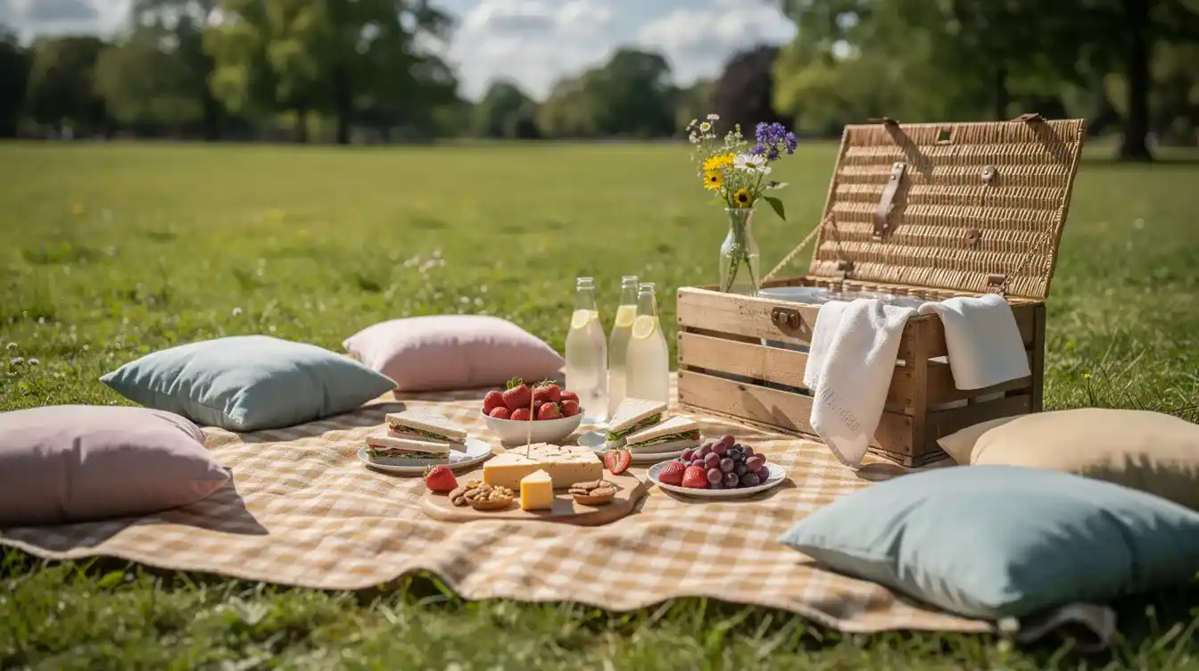 Ein einladendes Picknick auf einer grünen Wiese, arrangiert auf einer karierten Decke. Eine rustikale Holzkiste steht offen, gefüllt mit Flaschen und bunten Blumen. Weiche Kissen in sanften Pastellfarben liegen um eine Auswahl an frischen Erdbeeren, Trauben und leckeren Keksen.