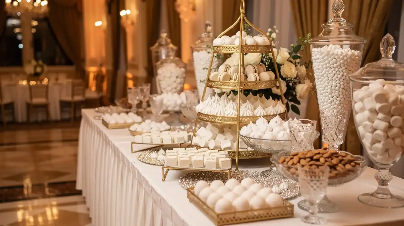 Ein eleganter Tisch, bedeckt mit einer satten weißen Tischdecke, bietet eine prächtige Auswahl an Süßigkeiten. In gläsernen Behältern sind zarte weiße Marshmallows, knackige Mandeln und glänzende Zuckerkugeln kunstvoll arrangiert. Eine mehrstöckige, goldene Etagere ist mit filigranen Meringues geschmückt, während sanftes Licht die luxuriöse Atmosphäre des Raumes betont.