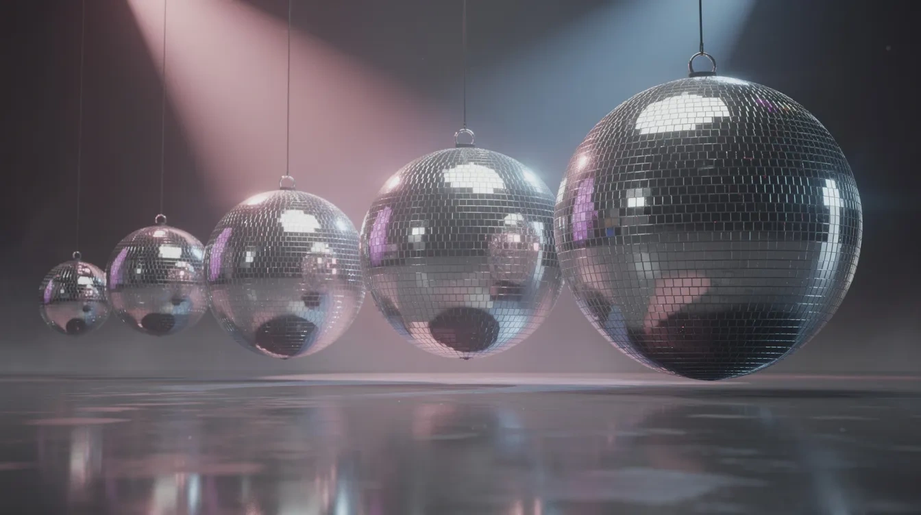 Fünf klassische silberne Spiegelkugeln in aufsteigender Größe nebeneinander aufgereiht, die im Lichtkegel eines rosa-bläulichen Spots funkeln.