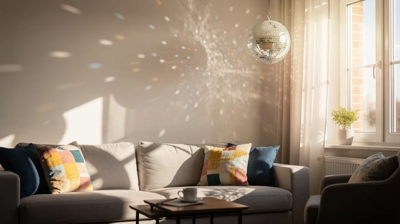 Ein gemütliches helles Wohnzimmer mit Sofa, in dem eine hängende klassische Spiegelkugel das einfallende Sonnenlicht in vielen kleinen Reflexionen an die Wand wirft.