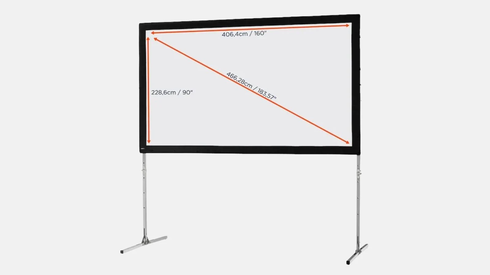 Faltrahmen Leinwand mit 405 x 228 cm Bildfläche und Maßangaben auf Standfüßen vor grauem Hintergrund.