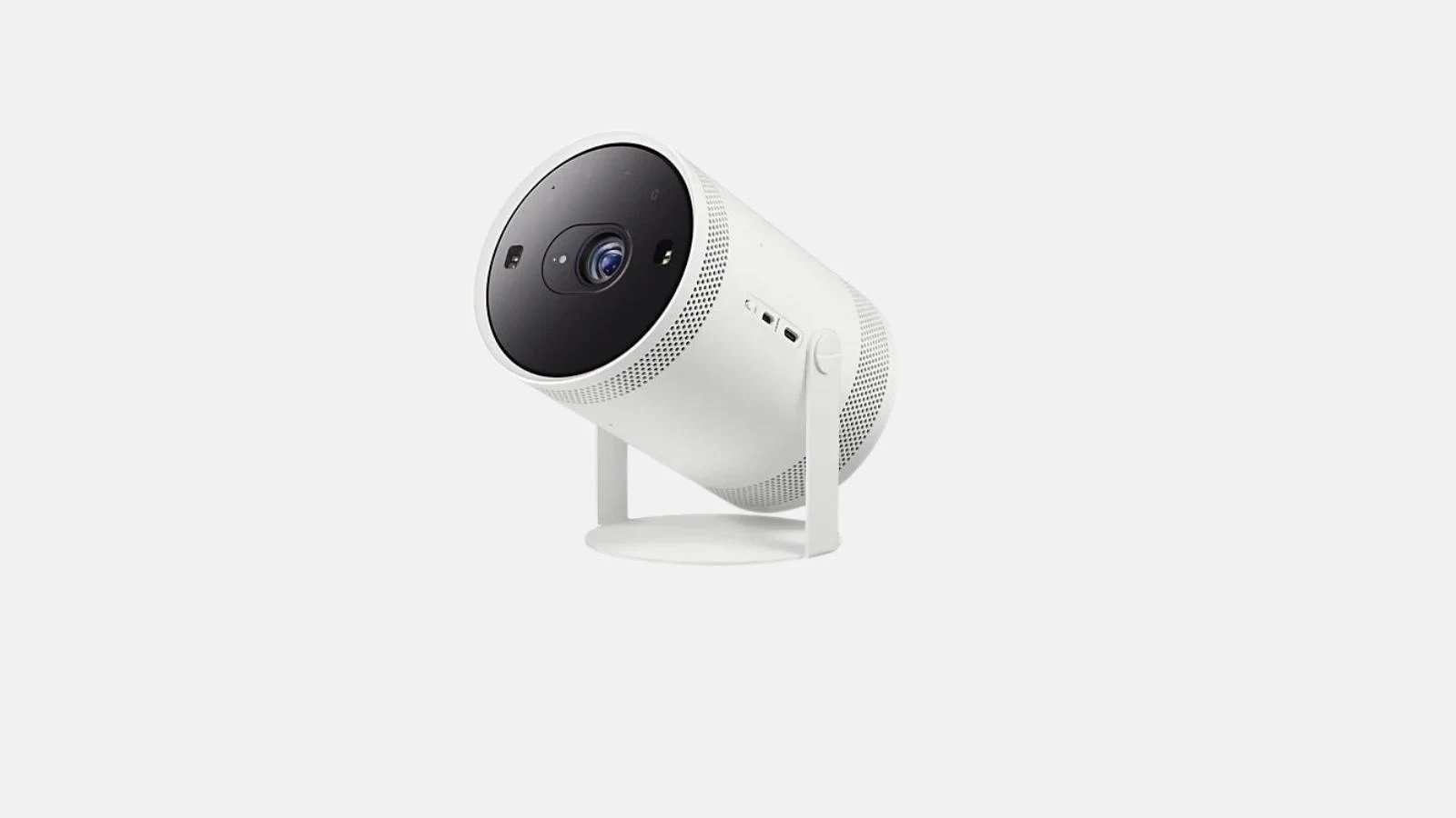 Samsung The Freestyle Smart-Beamer in Weiß mit schwenkbarem Standfuß und Objektiv vor weißem Hintergrund.